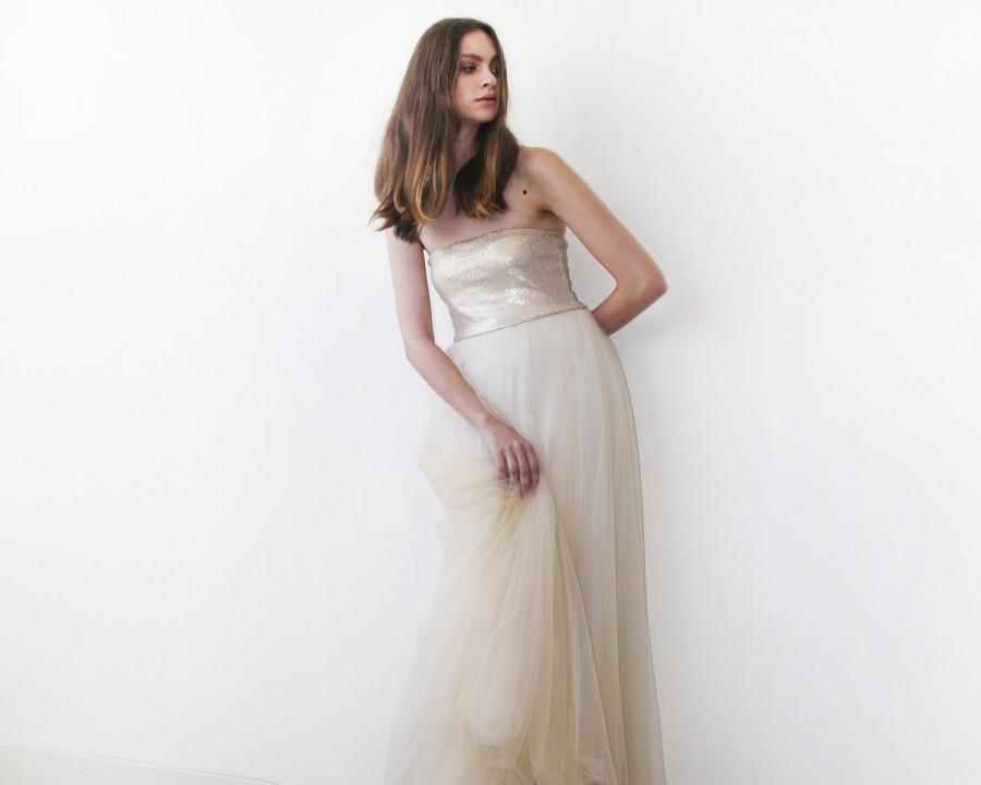Mariage - Gold champagne strapless sequined tulle gown , Floor length tulle dress, Strapless bridesmaids dress