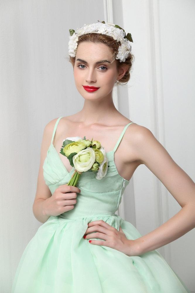Hochzeit - Organza Mint Green Ballet Tutu Bridesmaid Dress Fairy Wedding Ruched Deep Low Bust Empire Spaghetti Strap Light Apple Green Princess Skirt