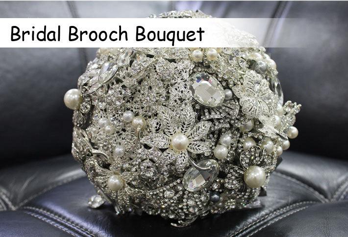 Wedding - 7Inch Bridal Flower Wedding Jewelry Brooch Bouquet Bling Crystal Pearl Rhinestone made Noble Woman -14