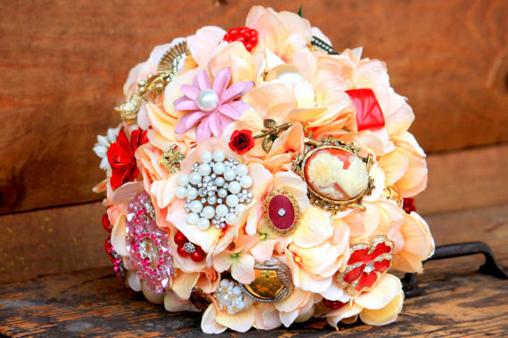 Mariage - Brooch Bouquet Vintage peach pink coral lace bridal etsy wedding