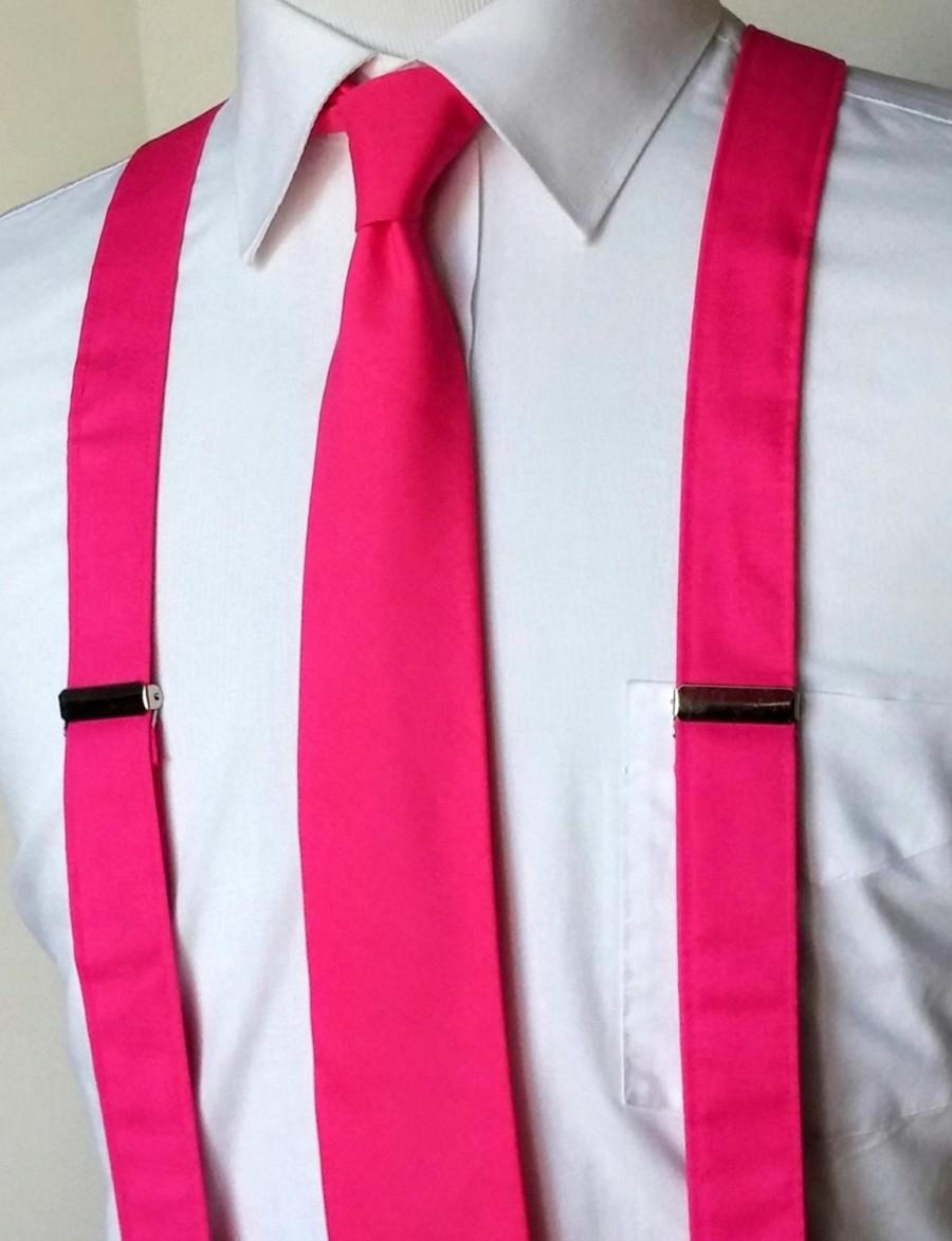 Mariage - Bright Pink Necktie and Suspenders - Skinny or Standard Width Tie - Men, Teen, Youth