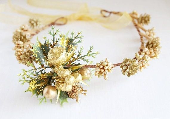 Wedding - Gold Sparkling Christmas Crown, Winter Wedding Halo, Holiday Hair Crown, Gold Berries Crown, Pine Cones Crown, Wonderland Crown, Gold Crown
