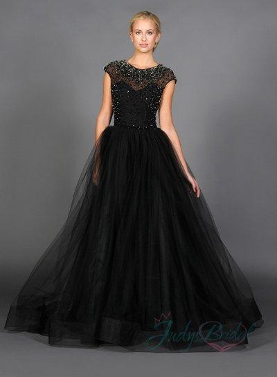 زفاف - sparkles beaded cap sleeves black tulle ball gown evening dress