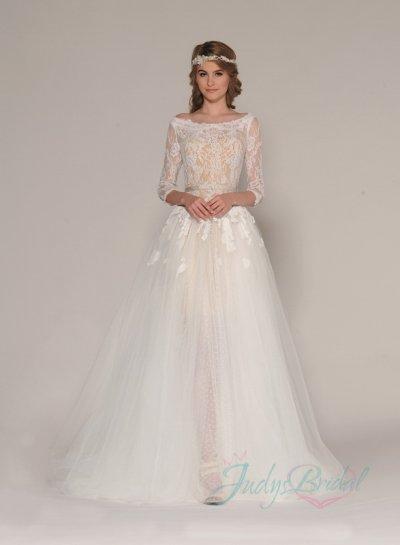 Mariage - sexy illusion lace back nude linging long sleeves wedding dress