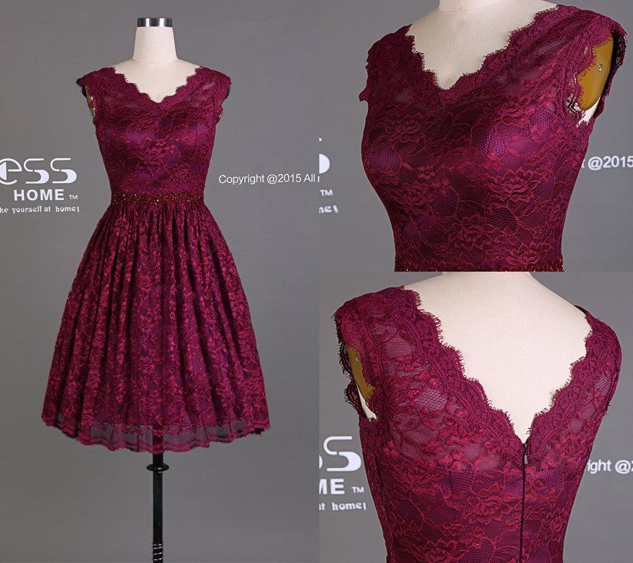 Mariage - 2015 Burgundy Lace A Line Short Bridesmaids Dress/Simple V-Neck Short Prom Dress/Beach Wedding Party Dress/Simple Homecoming Dress DH428