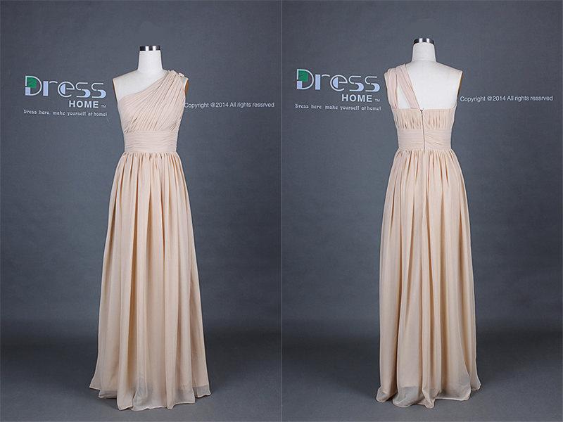 Hochzeit - New Arrival Champagne One Shoulder Chiffon Long Bridesmaid Dress/Simple Wedding Party Dress/Maid of Honor Dress/Beach Wedding Dress DH247