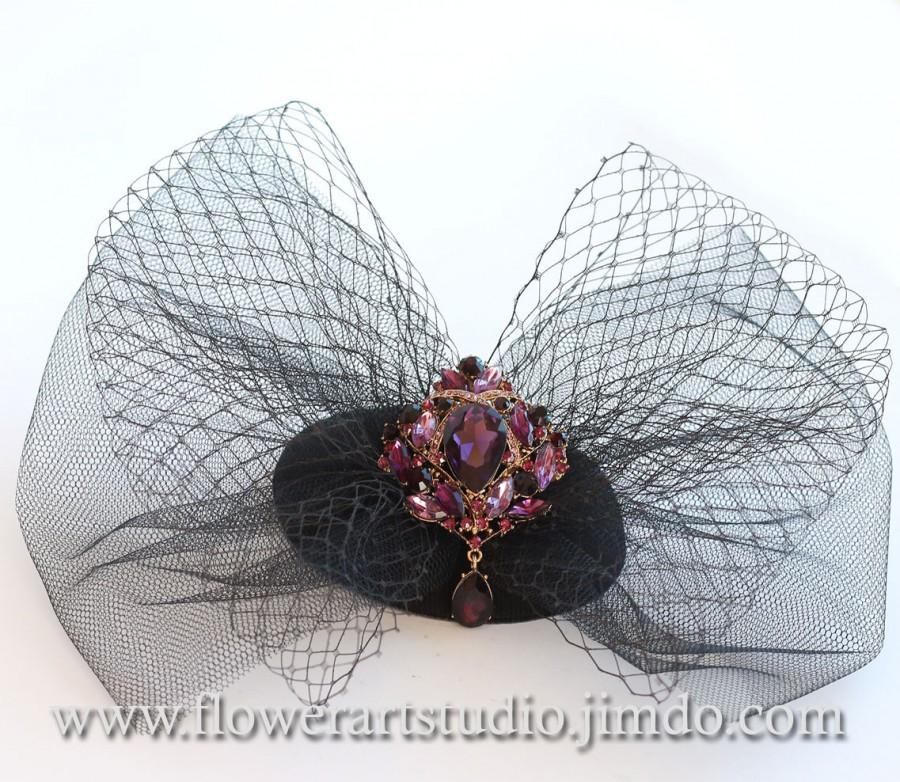 Mariage - Black and Purple Kentucky Derby Hat, Black Cocktail Hat, Pillbox Hat with Bow, Black Headpiece, Black and Purple Fascinator, Black Top Hat.