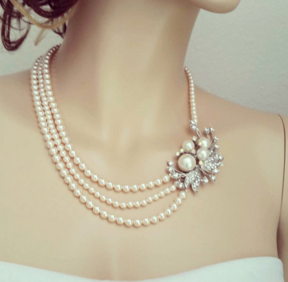 Wedding - Blush Pearl Necklace, Bridal Necklace, Bridal Rhinestone Necklace, Blush Wedding Necklace, Swarovski Pearl Wedding Necklace, JewelrySOPHIA