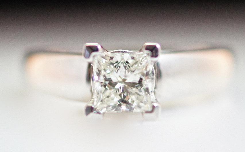 Wedding - Diamond Engagement Ring - Princess Cut Solitaire with 14k White Gold - Size 6.75 - Sizing Included