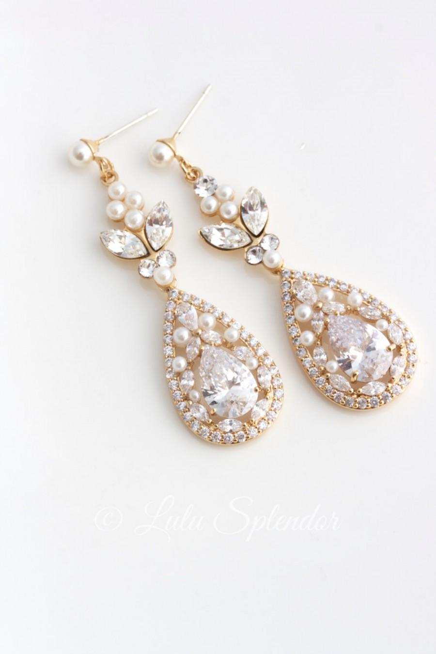 Hochzeit - Gold Bridal Earrings Long Wedding Earrings Cubic Zirconia Teardrop Wedding Jewelry Swarovski Crystal Wedding Jewelry VIVIENNE
