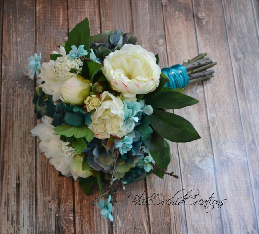 زفاف - Garden Bouquet in Cream and and Teal Turquoise Aqua Vintage Inspired Bouquet Shabby Chic Bouquet Wedding Bouquet Teal Bouquet