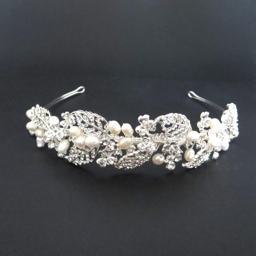 Hochzeit - Bridal headband, Freshwater pearl headband, Rhinestone leaves and pearls headband, Wedding headpiece