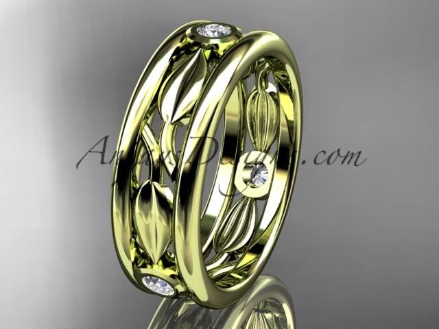 Свадьба - 14kt yellow gold diamond leaf wedding band, engagement ring ADLR401B