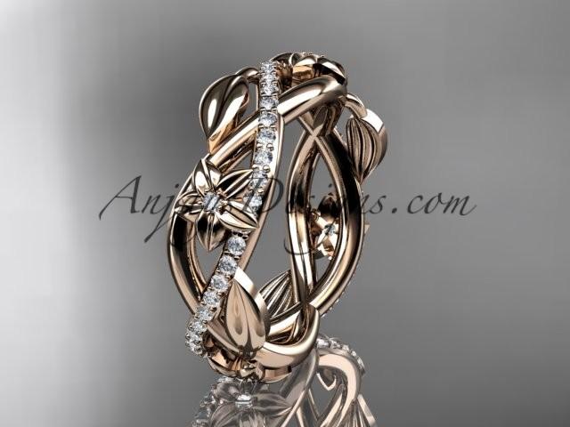 زفاف - 14kt rose gold diamond leaf and flower wedding band, engagement ring ADLR403B