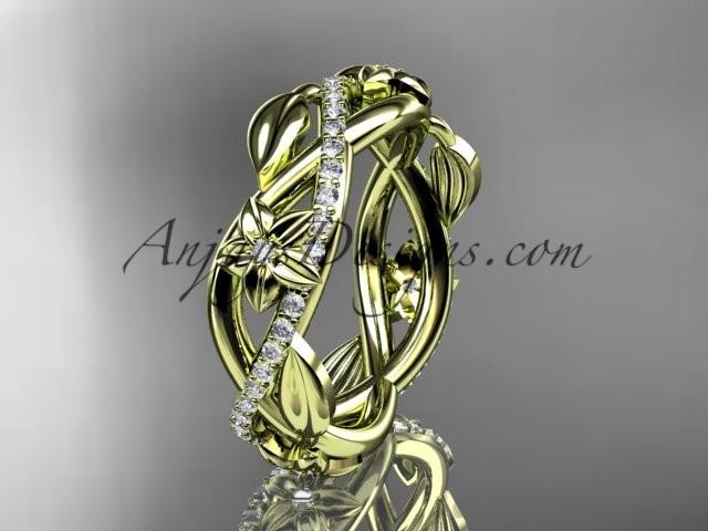 Свадьба - 14kt yellow gold diamond leaf and flower wedding band, engagement ring ADLR403B