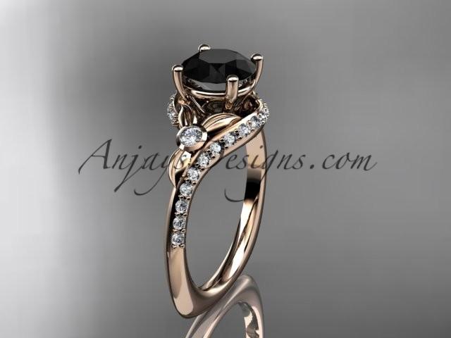 Mariage - 14kt rose gold diamond leaf and vine engagement ring with a Black Diamond center stone ADLR112