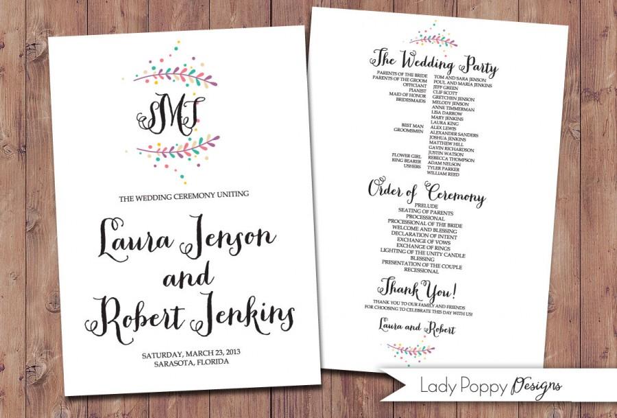 زفاف - Colored Monogram Laura Printable Wedding Program/or Fans - DIY Program - Custom colors option