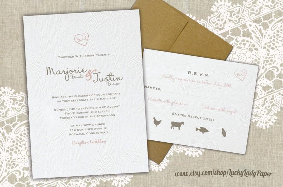 Wedding - Woodland Wedding Invitation Set, Heart Carved Initials on Woodgrain pattern paper by Luckyladypaper - CUSTOM CARD ORDER