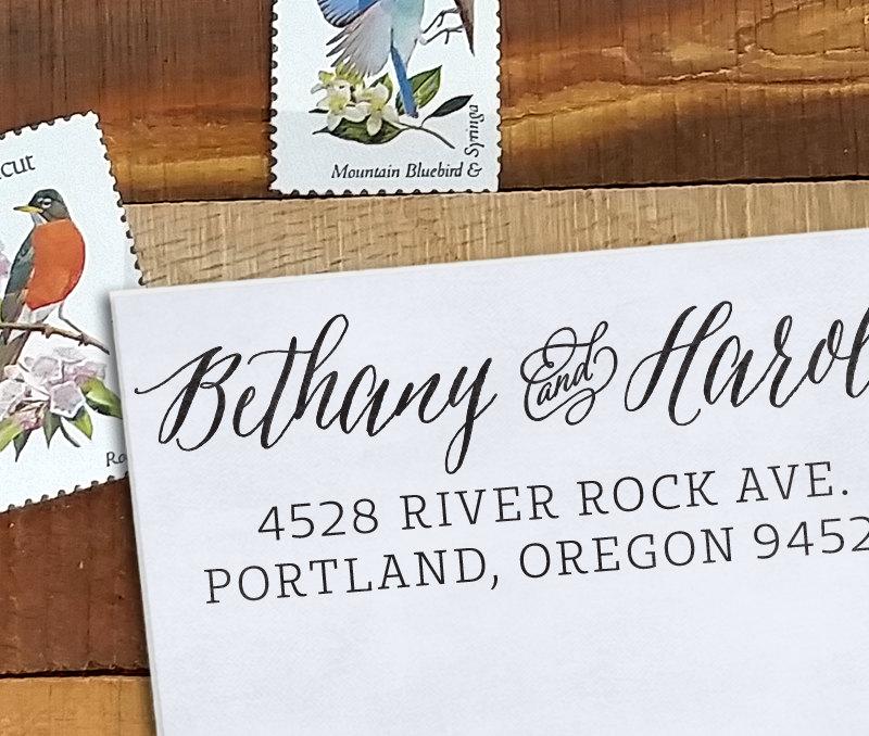 Hochzeit - Custom Address Stamp - Calligraphy Stamp Eco Mount - wedding stamp - Bethany
