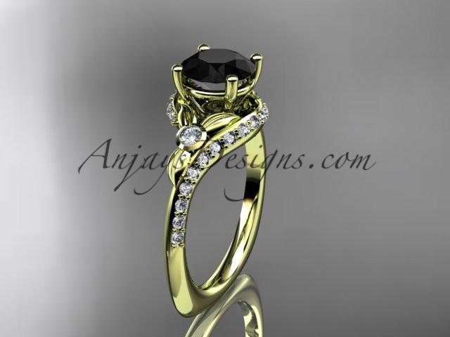 Wedding - 14kt yellow gold diamond leaf and vine engagement ring with a Black Diamond center stone ADLR112