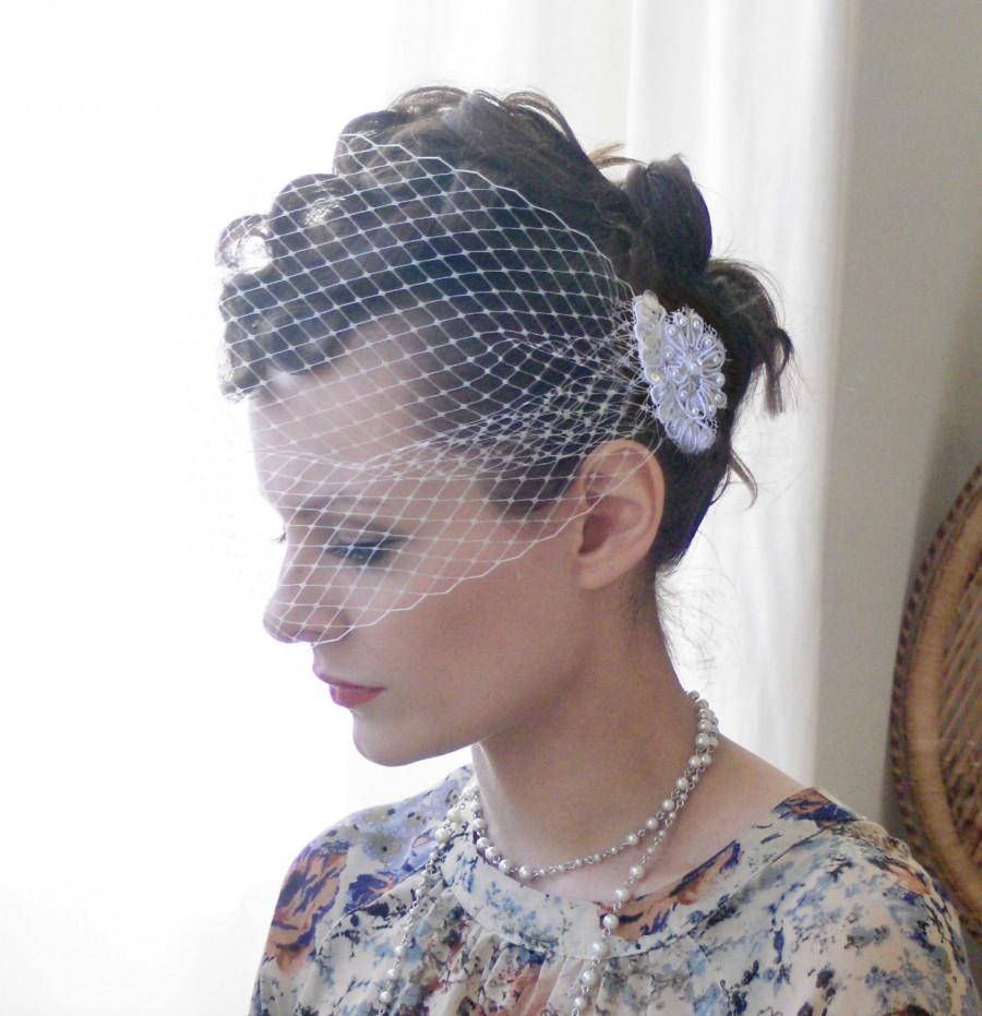 زفاف - Ivory bandeau veil, with pearls & sequins embroidery flowers UK.
