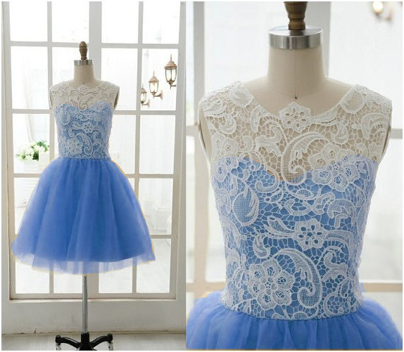 زفاف - Blue Short Prom Dress, White/Ivory Lace Prom Dress, Homecoming Dress, Bridesmaid Dress, Party Dress, Custom size and color