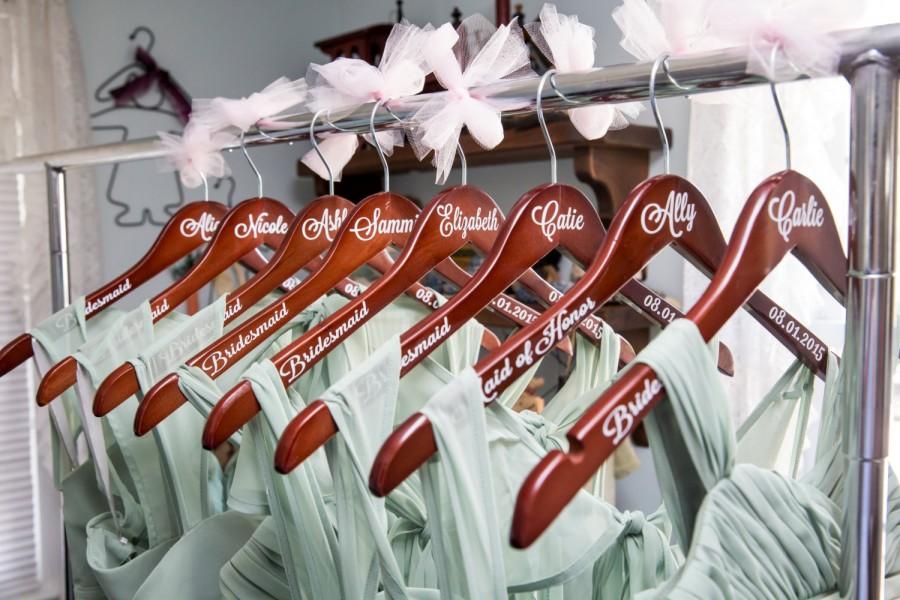 Hochzeit - Bridesmaid Hangers - Dark or Light Wood, Personalized with Name, Role in the Wedding & Special Date; Also great for Prom!