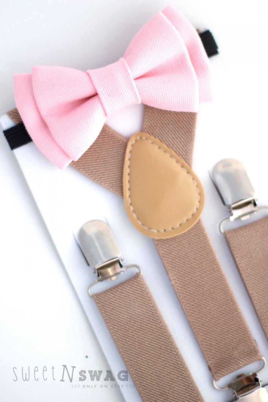 زفاف - SUSPENDER & BOWTIE SET.  Tan suspenders. Blush Pink bow tie. Newborn - Adult sizes.