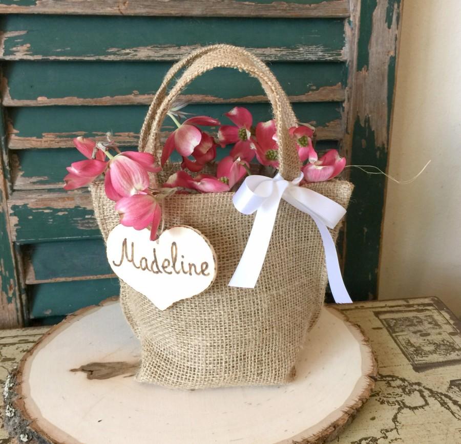 Hochzeit - Burlap and Tulle Bag Flower Girl Basket Rustic Wedding Decor Personalized Wood Heart Charm