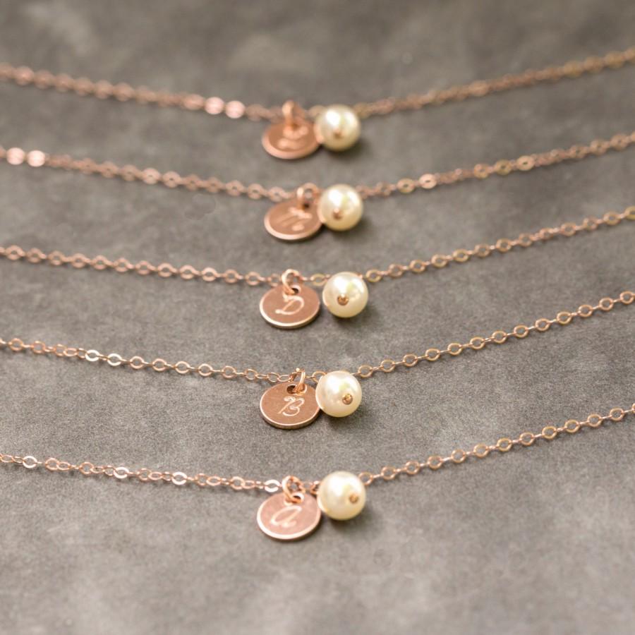 Hochzeit - Bridesmaid Rose Gold Bracelet, Pearl & Initial Personalized Bridesmaid Bracelet, Rose Gold Bridesmaid Jewelry Set of 6