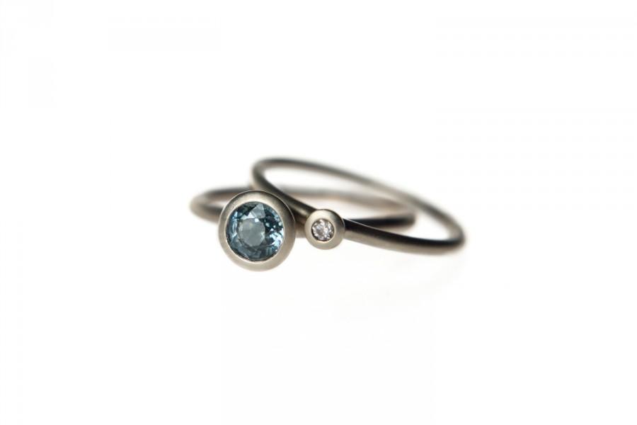 Wedding - Color change sapphire diamond engagement ring set, 14k palladium white gold wedding stacking ring set, simple modern everyday rings
