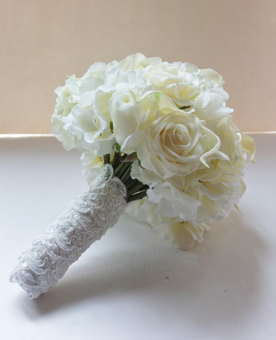 Hochzeit - All Ivory Bouquet, Calla Lily, Rose & Hydrangea bouquet, Bridal Bouquet, wedding bouquet