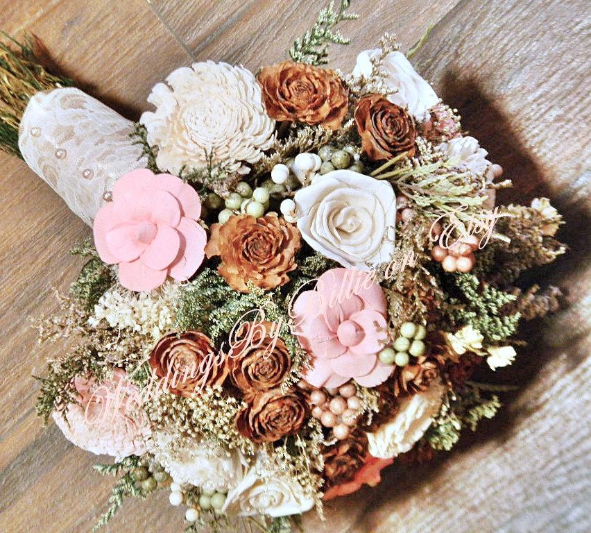 Wedding - Natural Woodland Wedding Rustic Bouquet, Sola Bouquet, Pink Ivory Bouquet,Wedding Flowers,Alternative Bouquet,Bridal Accessories, Keepsake