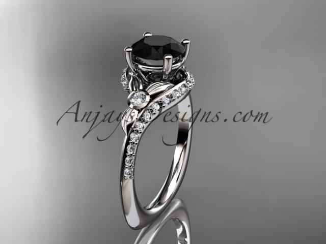 زفاف - platinum diamond leaf and vine engagement ring with a Black Diamond center stone ADLR112