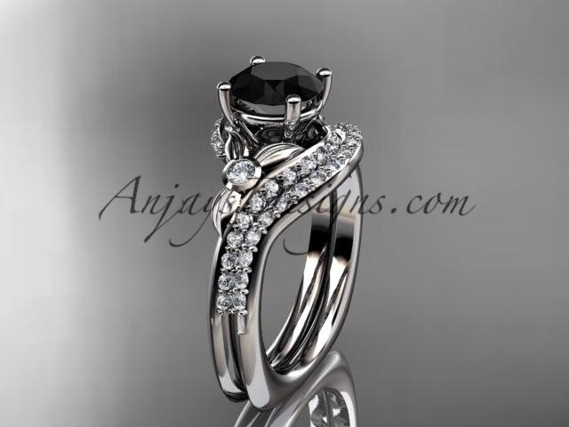 Mariage - platinum diamond leaf and vine engagement ring set with a Black Diamond center stone ADLR112S