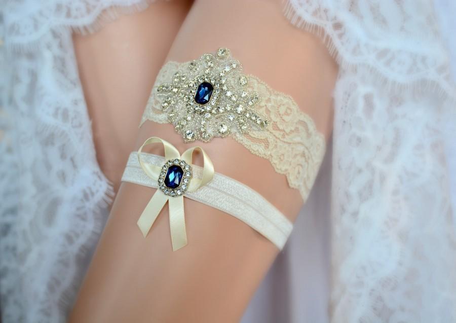 زفاف - Sapphire Blue Ivory White Lace Bridal Garter Belt Wedding Set Keepsake Toss Shower Gift Rustic Beach Spring