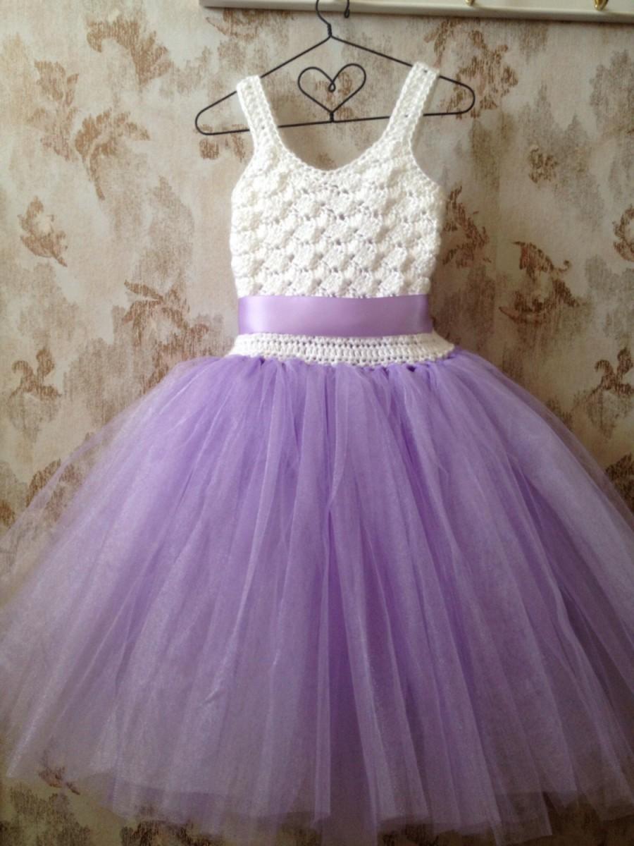 Mariage - Lavender flower girl tutu dress, crochet tutu dress, wedding tutu dress, tutu dress, corset back tutu dress, toddler tutu dress, baby tutu