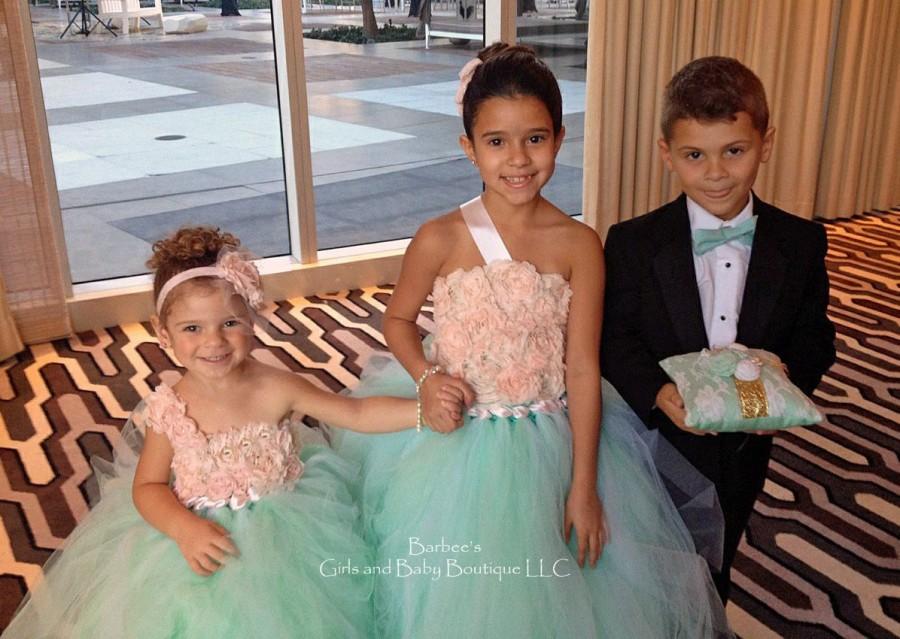 Mariage - FAIRY STYLE Flower Girl Dress in Mint  Green and Blush Pink Flower Girl Tutu Dress.  Chiffon Flowers and Pearls