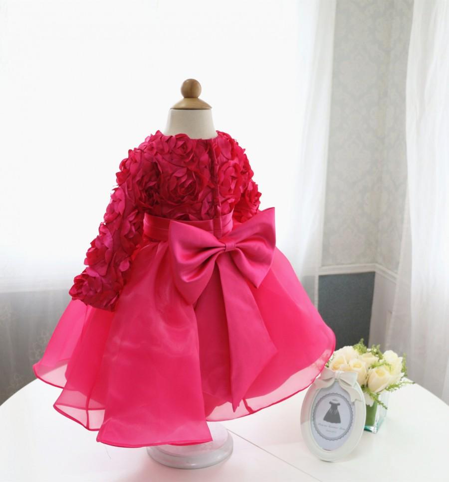 Wedding - Hot Pink Baby Thanksgiving Dress, Toddler Christmas Dress, Infant Pageant Dress with Long Sleeves,PD063-1
