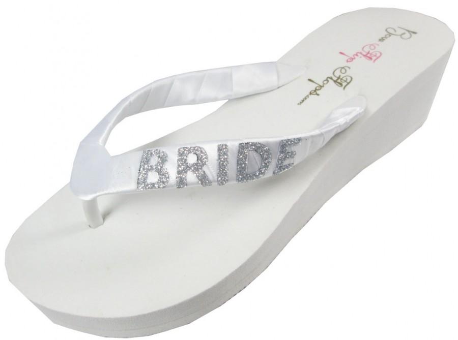 Hochzeit - Ivory or White Wedge Bridal Flip Flops, Wedding Bride Flip Flops, Silver sparkle or choose glitter- all sizes- all heel heights- white/ivory