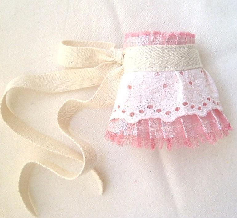 Свадьба - Wedding Wrist Cuff Gauntlet Victorian Costume Accessory in Pastel Pink Blush Shantung Silk with Vintage Eyelet Lace in White And Pink