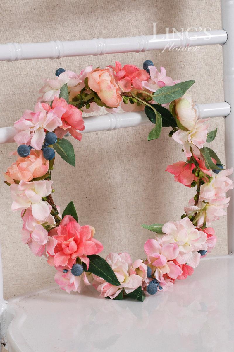 زفاف - Wedding Bridal Crown-Adult Headband-Boho Flower Crown-Wedding Crown-Floral Crown-Blush Coral Flower Crown-Wedding Headpiece HFX007-PNK
