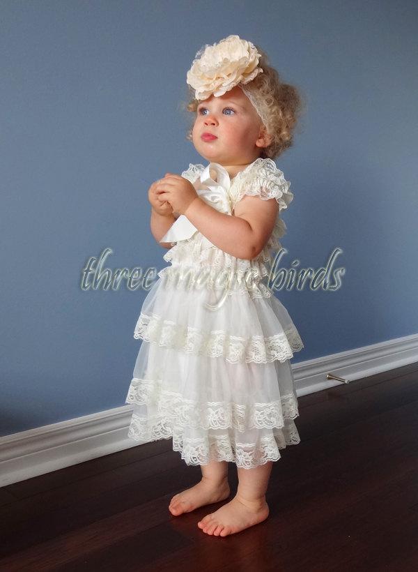 Hochzeit - Girl IVORY Lace Christening Wedding Baptism Dress,Lace Rustic Flower Girl Dress,Special Occasion Birthday Dress,Country Flower Girl Dress