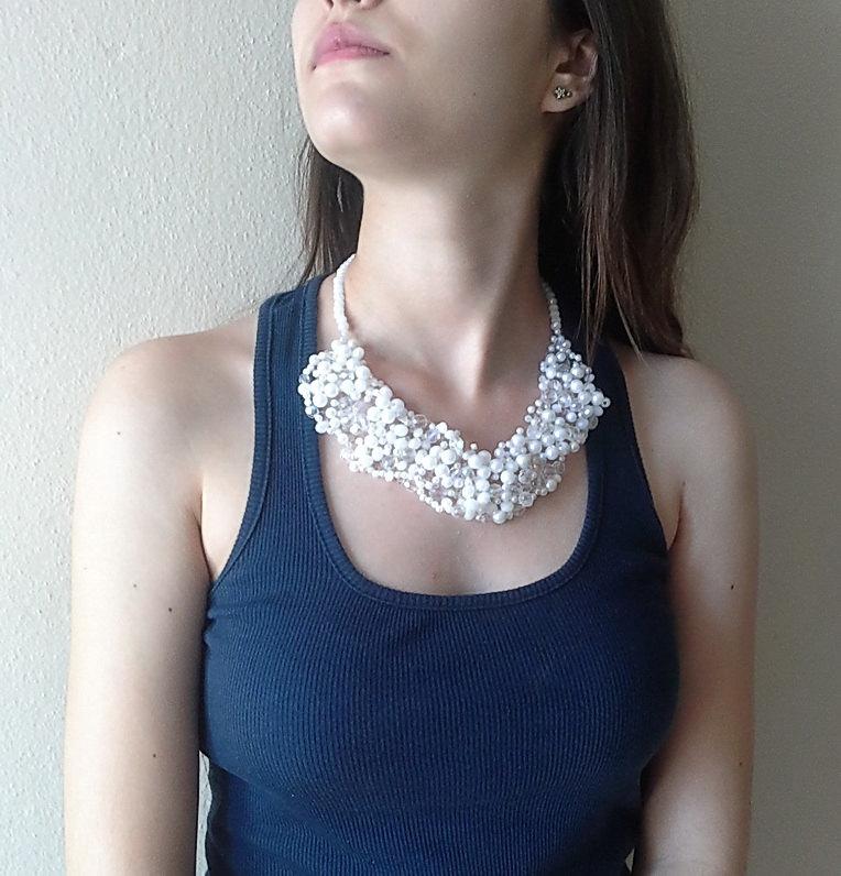 زفاف - White bridal necklace/beaded statement  necklace/ wedding necklace and earring set