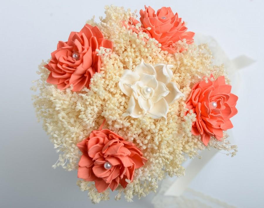 زفاف - Bridesmaids Bouquet, Bright Coral and Ivory Sola Flower Bouquet, Flower wand, Flower Girl, Keepsake Bridesmaids Bouquet.