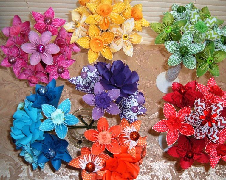 Свадьба - Paper Flower Bouquet - 7 Stem Kusudama Origami - You Pick the Color - Red, Yellow, Blue, Green, Purple, Pink, Orange