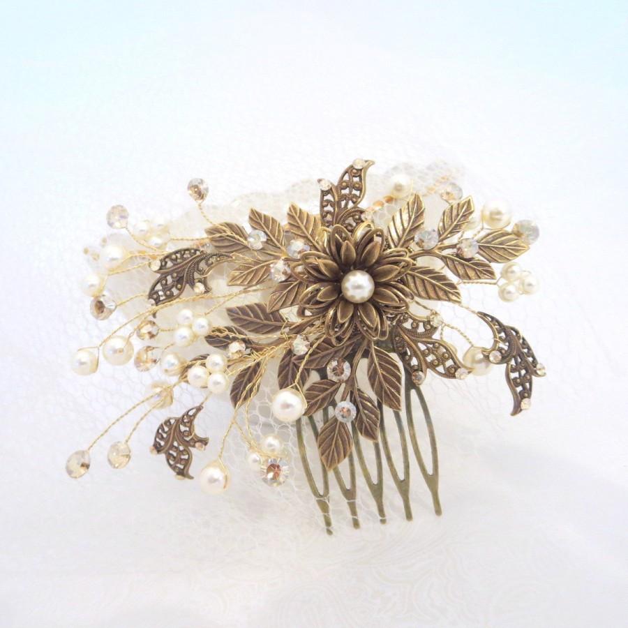 Wedding - Antique Brass Bridal hair comb, Wedding headpiece, Leaf hair comb, Swarovski crystal hair comb, Pearl headpiece, Vintage hair comb