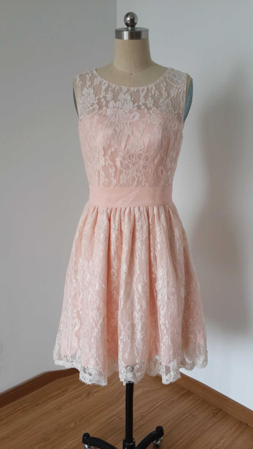 Hochzeit - 2015 Scoop Baby Pink Lace Short Bridesmaid Dress