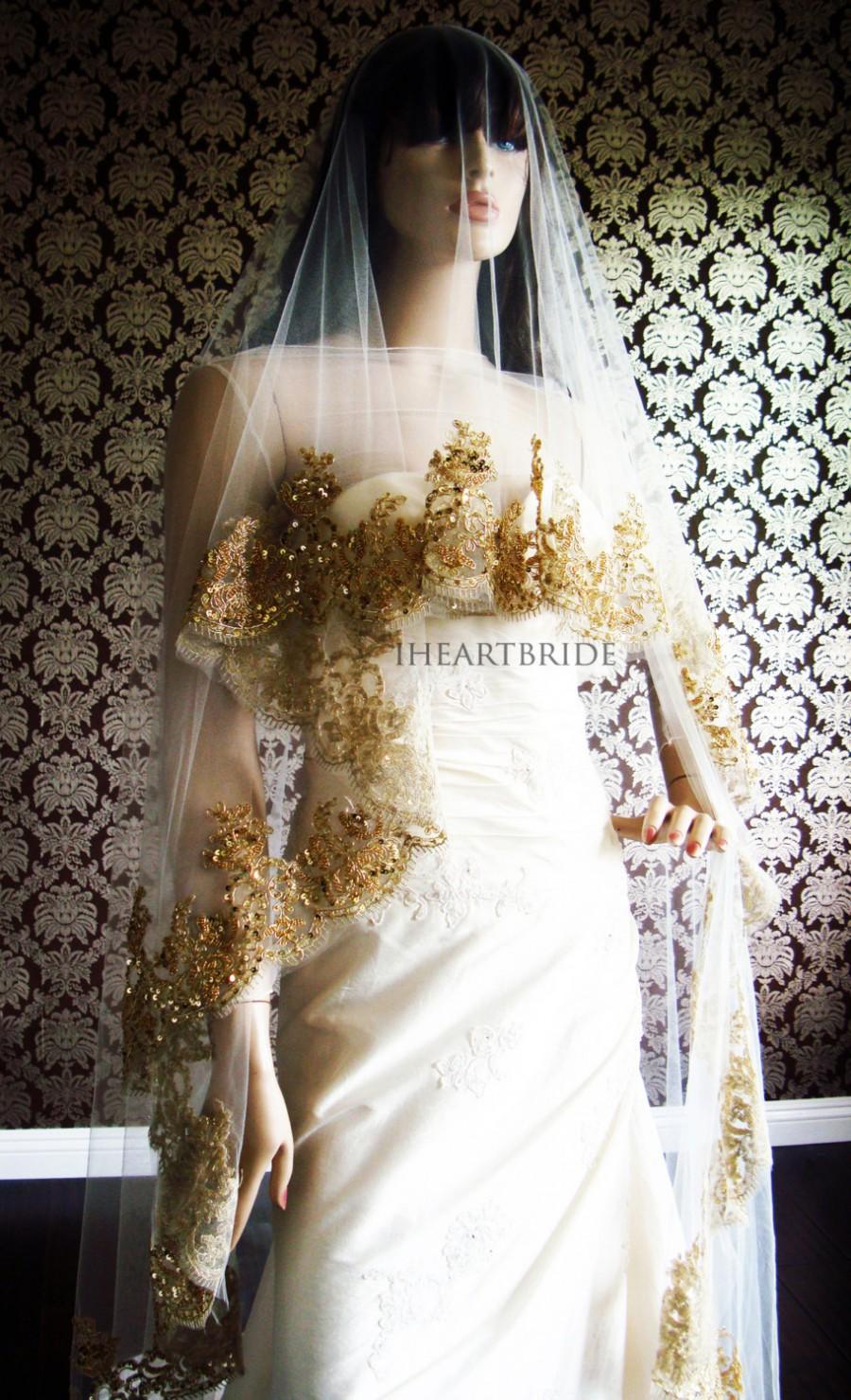 زفاف - Luxury Gold Lace Bridal Veil Beaded Gold Lace Drop/ Circle Veil by IHeartBride V-1LG Elliston Gold & Platinum Collection Custom Bridal Veil