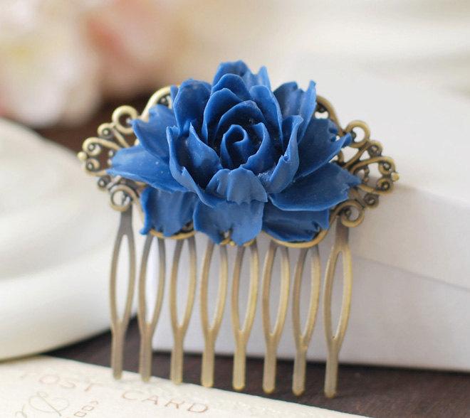 Hochzeit - Cobalt Blue Wedding Bridal Flower Hair Comb. Brass Art Nouveau Filigree Hair Comb. Bridal Wedding Headpiece. Bridesmaids Comb